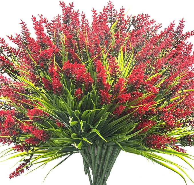 20 Bundles Artificial Plants Outdoor Fake Monkey Grass with Flowers (Red)