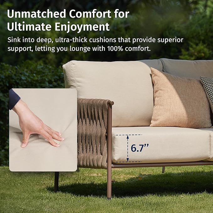 EAST OAK Outdoor Furniture | Life Chatter Loveseat | 2 Seater Sofa with 6.7" Thick Washable Cushions | Deep Seating Patio Furniture for Garden, Porch, Balcony & Backyard | Chestnut & Apricot