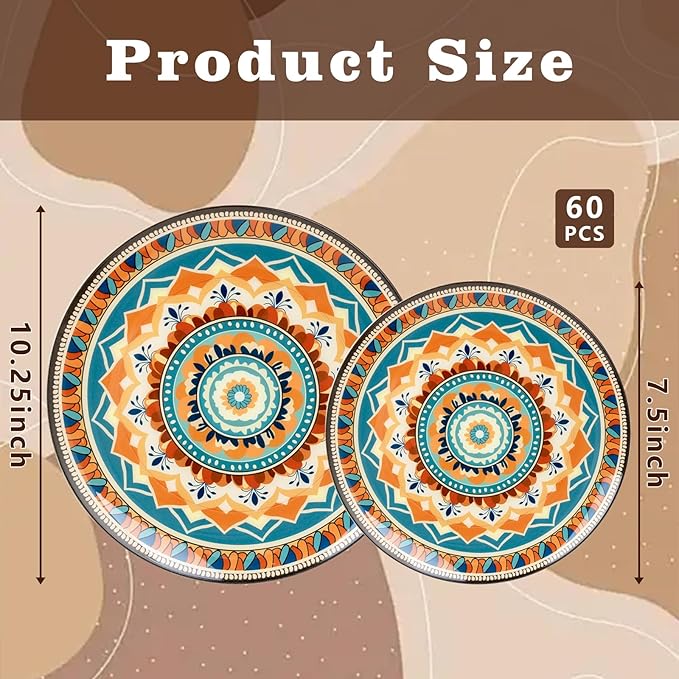 60PCS Bohemian Plastic Plates - Boho Plate Disposable - Vintage Bohemian Style Plate Include 30 Dinner and 30 Dessert Plates for Kitchen Party Decorative