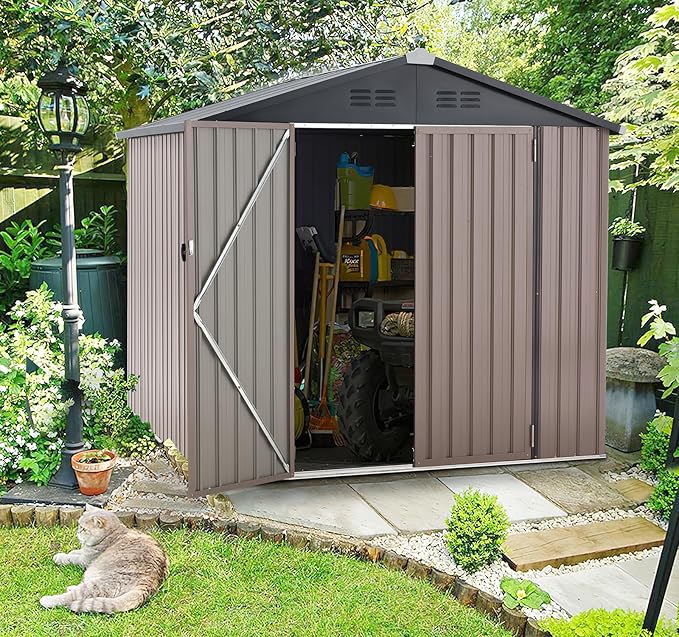 U-MAX 7' x 7' Shed Outdoor Storage Shed Clearance, Extra Large Yard Steel Shed with Design of Lockable Doors, Tool and Utility Storage for Backyard, Garden, Patio, Outside use Taupe