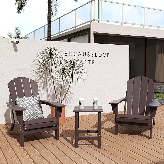WO Home Furniture Adirondack Chairs Table Set of 3 PCS Outdoor Folding Chairs Side End Table Weather/UV Resistant for Lawn, Garden, Bon Fire, Balcony (Dark Brown)