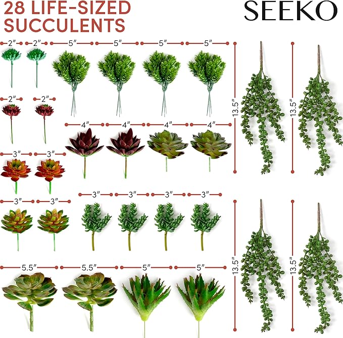 SEEKO Succulents Artificial Succulents – 28pc Assorted Premium Fake Succulent Plants - Realistic Faux Plants
