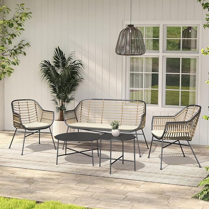 Grand patio 5-Piece Outdoor Wicker Patio Conversation Set with Cushions and Coffee Tables, Boho Wicker Seating Set for Indoor Outdoor, Balcony, Porch, Garden, Deck