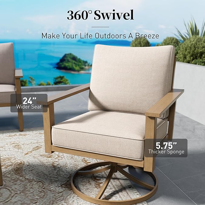 Patio Conversation Set,5 Pcs Metal Outdoor Furniture with 3-Seater Sofa,2 Swivel Chairs,Metal Nested Table and 5.75" Extra Thick Cushion for Lawn Garden Backyard,Beige