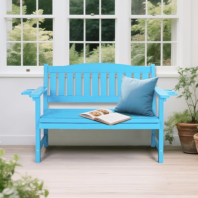 2-Person HIPS Outdoor Bench, Weatherproof Garden Bench with 800 lbs Weight Capacity, Artificial Wood Grains, Never Rot or Fade, Patio Benches for Garden, Porch, Balcony, Backyard,Park, Blue
