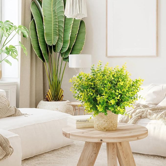 RECUTMS Artificial Boxwood Plants Outdoor Fake Spring Plants Uv Resistant Artificial Shrubs for Outdoors Greenery Stems Outdoor Flowers That Look Real Artificial Eucalyptus (Yellow Eucalyptus)