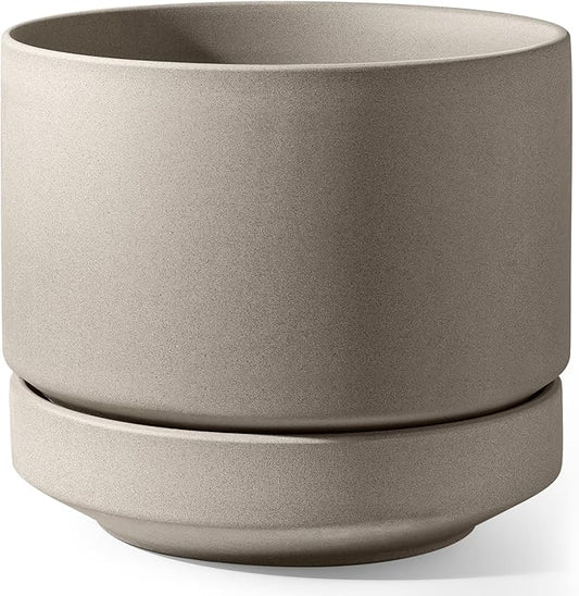 LE TAUCI 12 Inch Pots for Plants with Saucer | Ceramic Outdoor & Indoor Planter Pot for Plants | Drainage Hole, Mesh Pad & Plug | Unglazed Porous | Modern for Home, Office and Patio – Neutral Gray