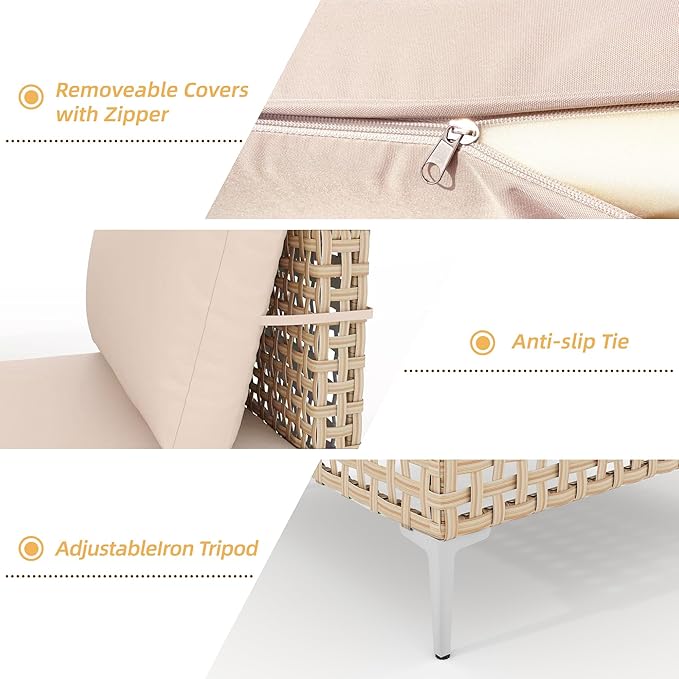 Wicker Small Patio Furinture Set, Rattan Sectional Sofa, Outdoor Couch Set with Comfy All-Weather Cushions and Coffee Table, Perfect for Porch, Backyard, Apartment, Balcony (Yellow/Beige)