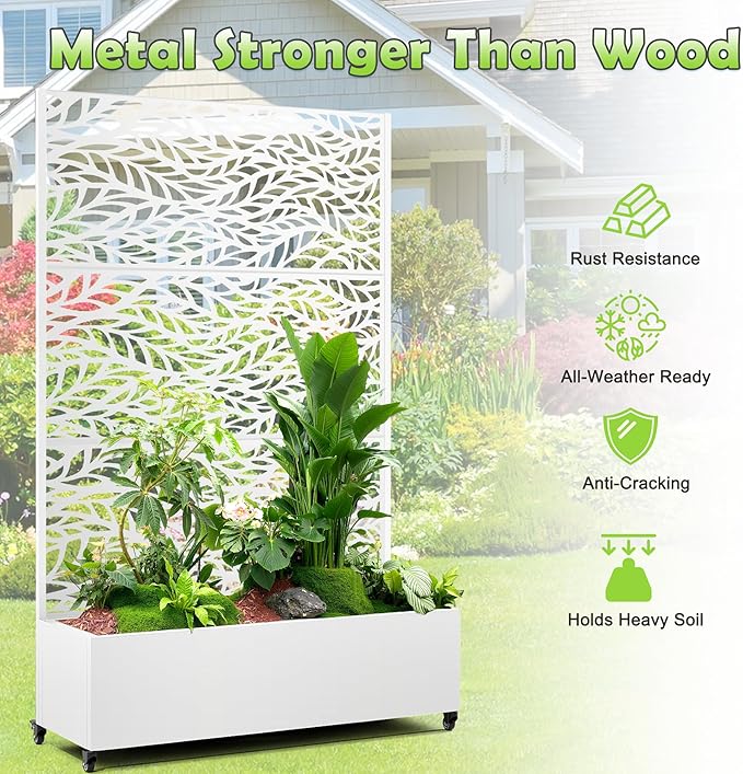 15.7"×70.9"×47.2" Metal Raised Garden Bed with Trellis and Wheels - Tall Trellis Planter Box for Climbing Plants, Vegetables & Vines - Outdoor Privacy Planters for Patio (White-Spring)