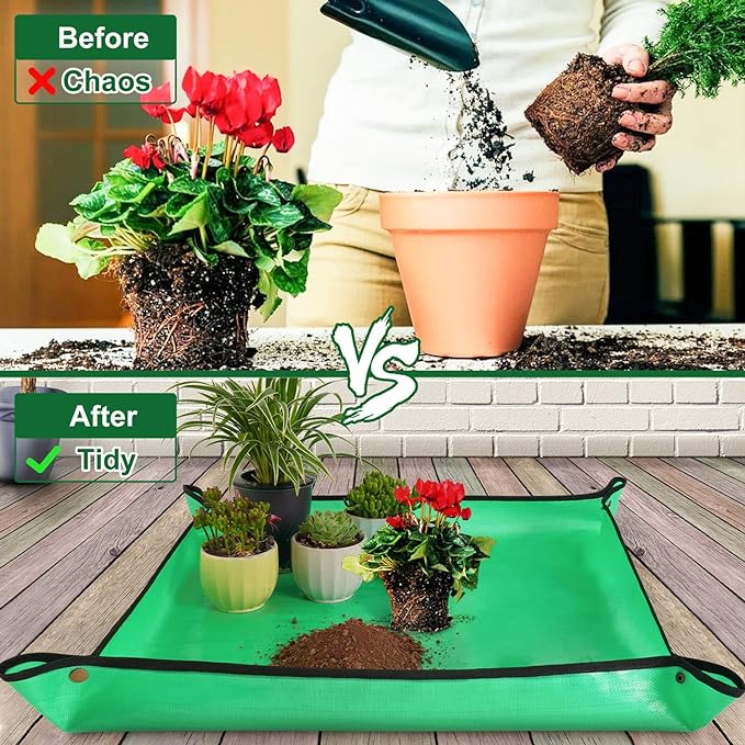 2 PCS 27 "x 27" Repotting Mat for Indoor Plant Transplanting and Mess Control Thickened Waterproof Potting Tray Foldable Succulent Potting Mat Portable Gardening Mat Green