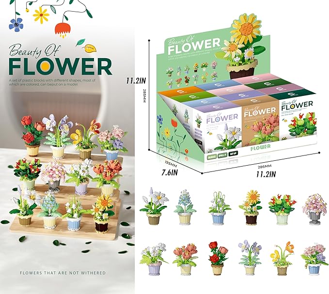 12 Set Mini Flower Potted Plant Bonsai Building Toy Blocks Artificial Particle Flower Botanical