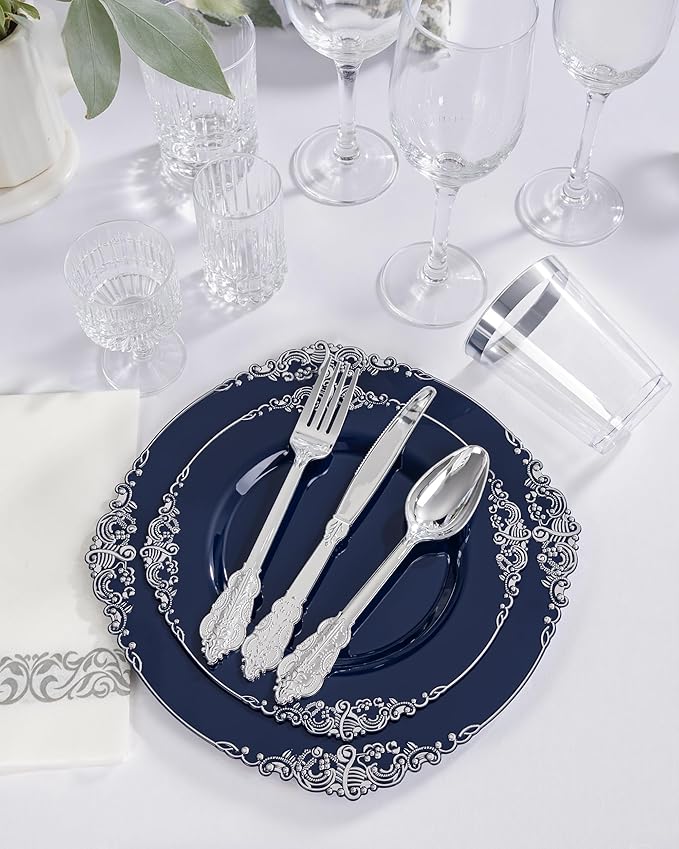 Hioasis 350pcs Blue and Silver Plastic Plates - Elegant Disposable Dinnerware Set Suitable for 50 Guests Include 10.25" Dinner & 7.5" Dessert Plates, Cutlery, Napkins, Cups for Party