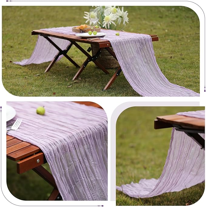 Le courant 10Ft Cheesecloth Table Runner, Rustic Boho Gauze Cheese Cloth Runner Table Runner for Weddings Bridal Baby Shower Birthday Holiday Parties Home Decor, Lilac