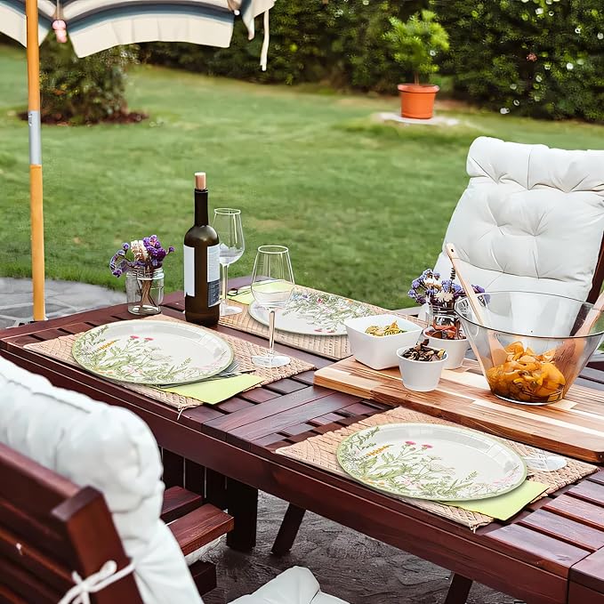 Wildflower Party Plates 9" Floral Paper Plates Botanical Green Leaves Herbs Disposable Party Supplies Spring Summer Vintage Garden Decorative Dinner Plates (48, Vintage Botanical)