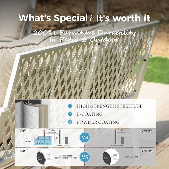 4 Piece Patio Furniture Set, 2 x Rocking Chair, 1 x 3-Seat Sofa with Marbling Coffee Table, All Cushioned 5 Seats Outdoor Conversation Set for Lawn Deck Backyard, Beige