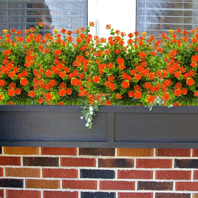Artificial Flowers, Fake Outdoor UV Resistant Plants Faux Plastic Greenery Shrubs Indoor Outside Hanging Planter Home Kitchen Office Wedding, Garden Decor (Orange Red)