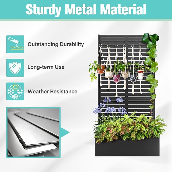 71"x35"x16" Metal Planter Box with Trellis Raised Garden Bed with Trellis, Trellis with Planter Box & Privacy Screen, Metal Planter Box for Climbing Plants, Vegetable, Vines(Black, Louvered)