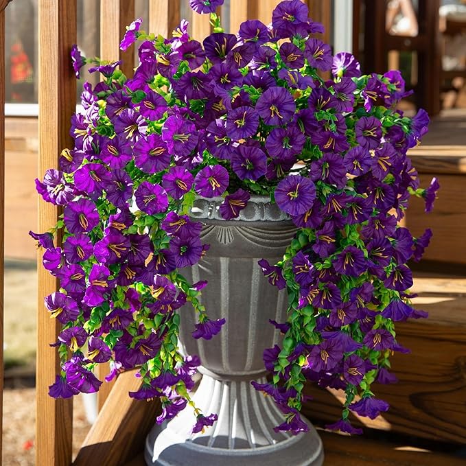 6-Pack Outdoor Faux Plants, 69-Flowered Large Morning Glory, Uv-Resistant Artificial Morning Glory,Perfect for Outdoor Decoration in All Seasons Such as Porches and Gardens (Purple)