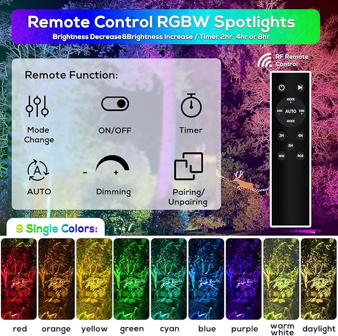 ZYAN Solar Spotlights Outdoor, Solar Landscape Lights with Remote Control, RGBW Colored Spot Lights for Yard, Garden, Lawn, Plant, Tree, Pool Areas, Auto On/Off, Dimmable & Waterproof (12 Pack)