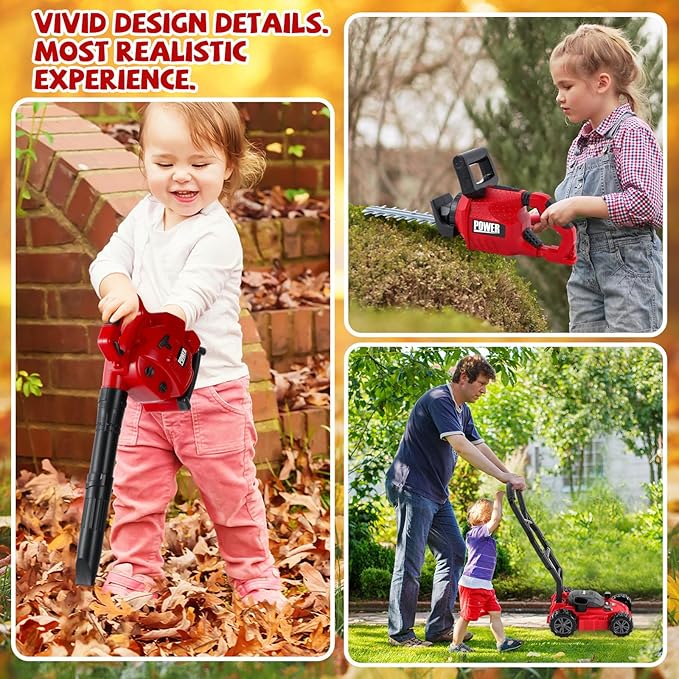 3 Pcs Toy Gardening Tool Set for Kids Toy Leaf Blower Hedge Trimmer Push Lawn Mower Pretend Play Set with Lights and Sounds Birthday for Boys Girls