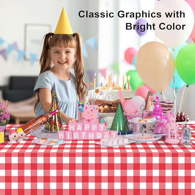 2 Pack Red and White Checkered Tablecloth, Red Plastic Table Cloths for Parties Disposable, 54 x 108 inch Waterproof Red Gingham Tablecloth for Birthday, Party, Christmas, Outdoor Picnic