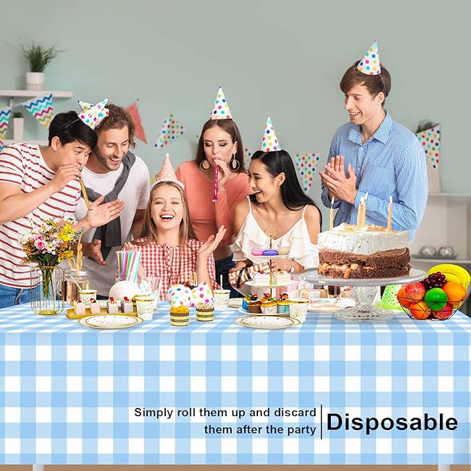 6 Pack Blue and White Checkered Tablecloth, Blue Plastic Table Cloths for Parties Disposable, 54 x 108 inch Waterproof Rectangular Blue Gingham Camping Tablecloth for Birthday, Party, Picnic