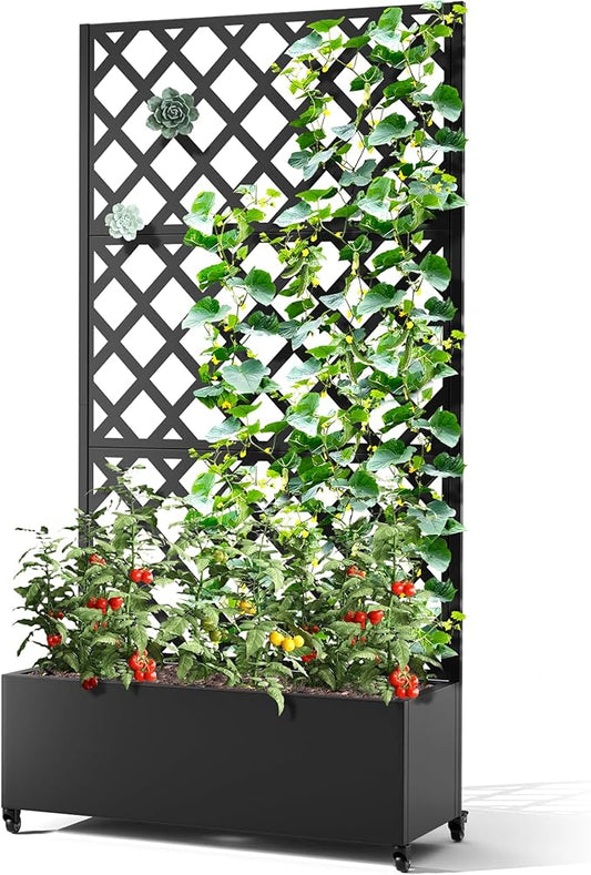 Metal Planter Box with Trellis & Wheels, Raised Garden Bed with Privacy Screen, Outdoor Standing Flower Beds with Drainage Hole for Climbing Plants, Vine, 35.4" L x 15.7" W x 70.9" H, Black