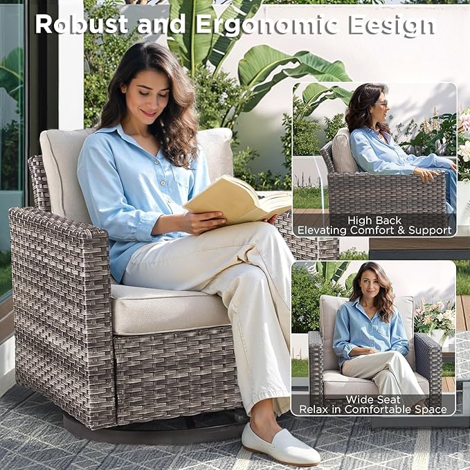 6 Pieces Patio Furniture Set-All Weather Outdoor Swivel Rocker Patio Chairs with Deep Seat Sofa Ottomans and Glass Side Table, Outdoor Conversation Sets for Garden Backyard Deck(Grey/Beige)