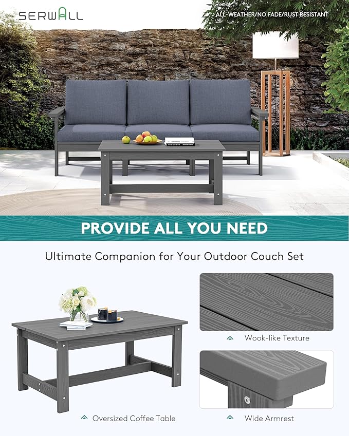 SERWALL HDPE Patio Sofa Set, 4-Piece Sectional Outdoor Furniture Set, All Weather Outdoor Couch Set Patio Furniture Set for Deck, Lawn, Grey Frame with Grey Cushion
