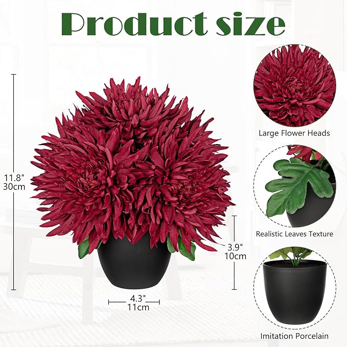 Hollyone Artificial Mums Flowers in Vase Faux Chrysanthemum Silk Flower Potted Plant Fake Plants & Flowers with Pot Floral Arrangements Bouquets Pincushion Spider Mum Flower Home Decor Red