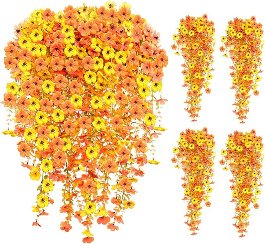 8PCS Hanging Fake Mums for Fall Decor,UV Resistant Artificial Flowers,Faux Mums for Outdoor Planters,Fall Flowers Artificial Decorations for Porch, Patio (OrangeYellow)