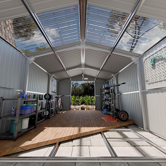 Metal Shed 10x16 FT with Floor Frame Kit, Big with Heavy-Duty Reinforced Steel Frame and Customizable Skylight, Lockable Doors, 4-Pane Windows, Large Outdoor Storage for Garden, Tools, and Utility