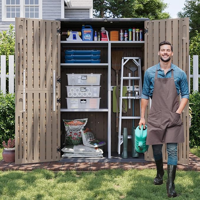 Aoxun Outdoor Storage Shed with Metal Shelving Kit & Floor, 64 Cu.Ft Large Outdoor Storage Cabinet, Waterproof Vertical Resin Shed for Garden Tools, Pool Equipment, Brown