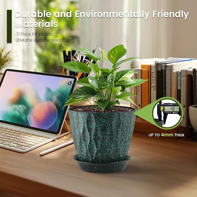 7 inch Plant Pots for Indoor Outdoor Plants, 5 Pack Thick Flower Pots with Drainage Holes and Saucers, 3D Modern Wave Texture Plastic Planter Nursery Pots, Black with Green Speckles