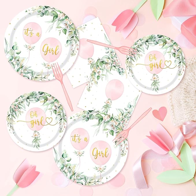 96Pcs Oh Girl Watercolor Pink Balloon Party Supplies Greenery Girls Baby Shower Party Plates Napkins Tableware Botanical Eucalyptus Baby Shower Party Favor
