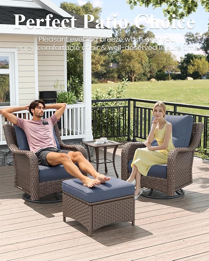 LayinSun 7 Piece Wicker Outdoor Furniture Set with 6-inch Comfy Cushions, High Back Patio Furniture Set with Swivel Rocking Chairs and Side Table