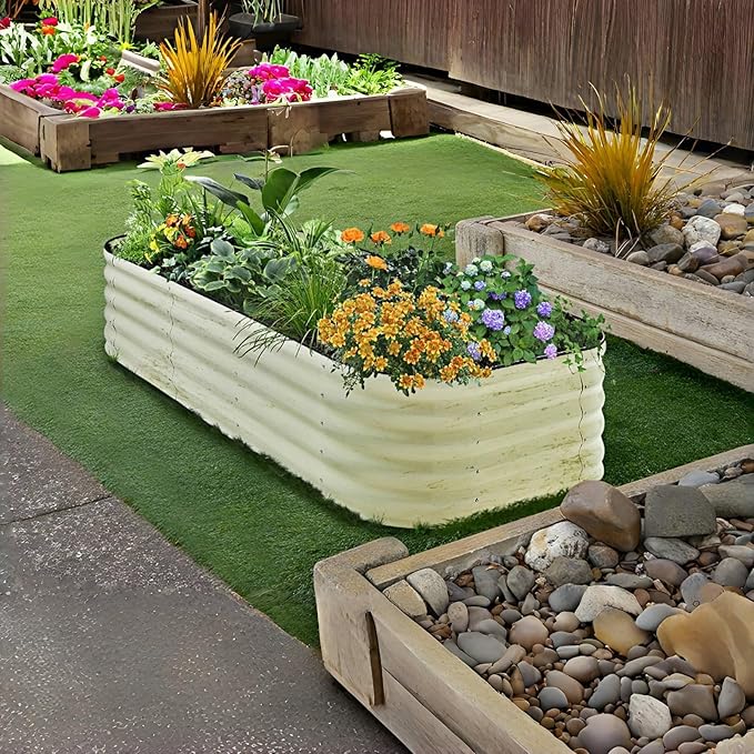 Galvanized Steel Raised Garden Bed 8x2ft Oval - 17" Tall 9-in-1 Modular Planter Box for Vegetables/Flowers, Rust-Proof Metal Outdoor Planters Rubber Edging (White)