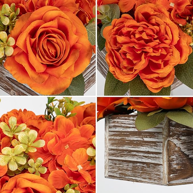 DILATATA Flower Arrangement with Wooden Vase 14" Artificial Flowers in Pot - Fake Flowers Roses Peonies Hydrangeas in Wooden Vase Potted Flower Centerpieces for Table Decor Living Room - Burnt Orange