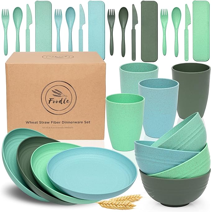 FOODLE Wheat Straw Dinnerware Set - BPA Free & Safety Tested - Microwave & Dishwasher Safe Dishes - Perfect for Camping, Picnic, RV, Dorm - Plates, Cups and Bowls - Great for Kids & Adults - For 4