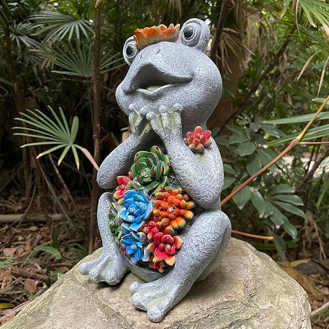 Solar Garden Frog Statues with Outdoor Light for Outdoor Decor Succulent and 8 LED Lights Solar Frog Art Decor for Lawn Yard Decor Gifts for Women Mother's Day Birthday