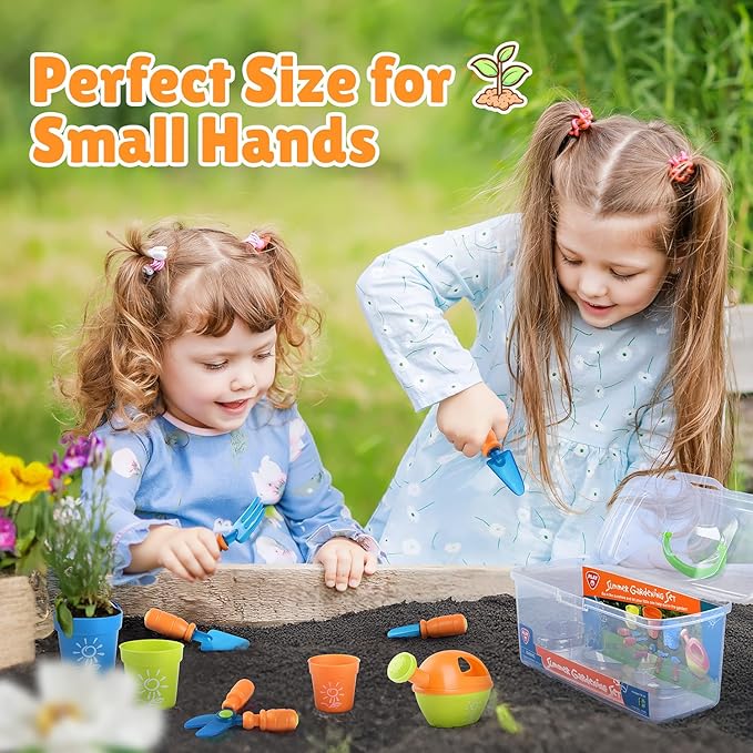Kids Gardening Set, Garden Tool Set for Kids, Gardening Tools Kit with Shovel, Fork, Spade, Scissors, Flower Pot, Watering Can and Storage Box, Summer Outdoor Toys for Toddlers Boys Girls Gift