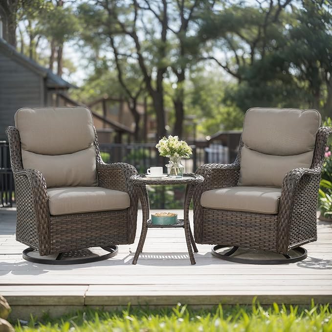 HUMMUH High Back Outdoor Swivel Rocker Patio Chairs Set of 2, with 5-Inch Thick Cushions and Side Table,All-Weather Patio Furniture for Porch,Poolside, Deck, and Yard