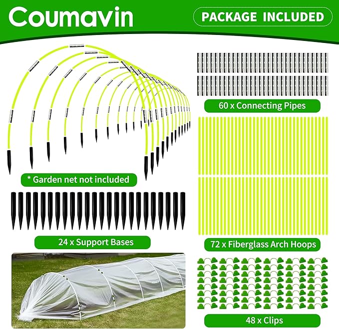 72 PCS Greenhouse Hoops for DIY Grow Tunnel Set, Garden Hoops for Raised Beds Row Cover, Flexible Fiberglass Plant Hoop Frame Support DIY Hoops Kit Garden Stakes for Outdoor, Yellow