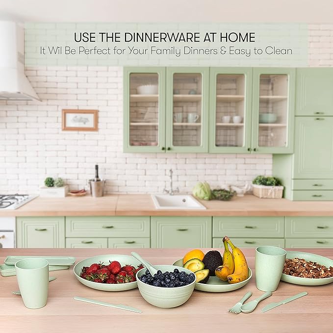 Wheat Straw Dinnerware Sets | Unbreakable Dinnerware Sets | Dishwasher Microwave Safe Dinnerware | Eco Friendly Non Breakable Dinnerware Sets | RV Outdoor Camping (Green, Service for 4 (28 pcs))