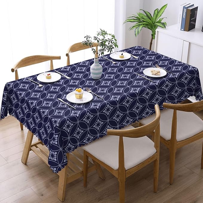 Indigo Circles Flower Table Cloth for Dining Tables,Reusable Blue White Abstract Floral Tablecloths Tabletop Decoration Rectangle Table Cover for Kitchen,Party,Holiday, 54x72 Inch