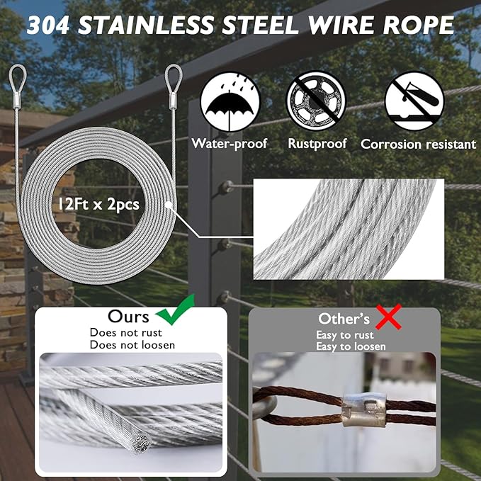 Shade Sail Hardware Kit with Ratchet Winch Wire Tensioner for Rectangle/Triangle Shade Sail Installation, 304 Grade Stainless for Garden, Outdoors (Winch + Hardware Kit + Cables)