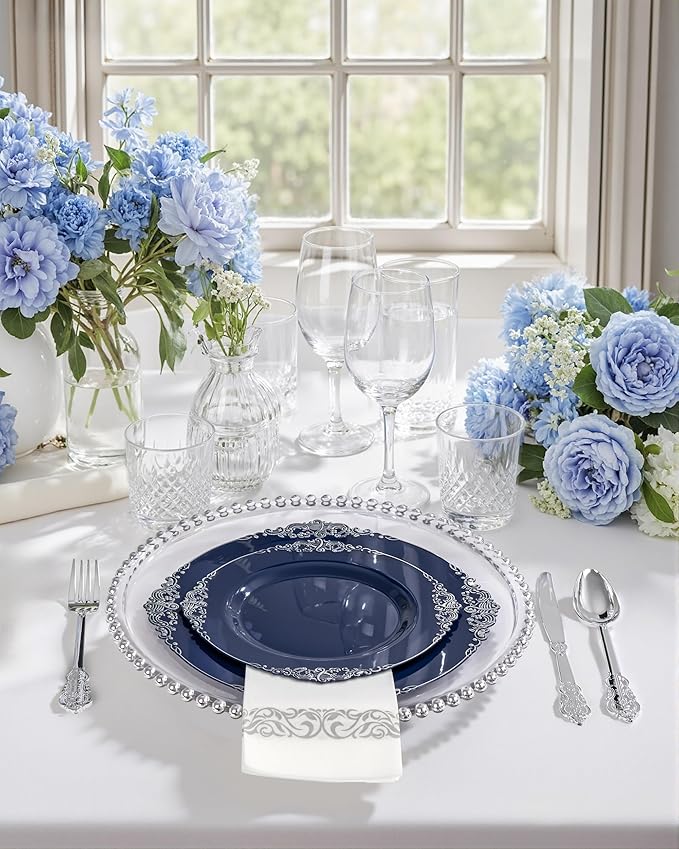 Hioasis 350pcs Blue and Silver Plastic Plates - Elegant Disposable Dinnerware Set Suitable for 50 Guests Include 10.25" Dinner & 7.5" Dessert Plates, Cutlery, Napkins, Cups for Party