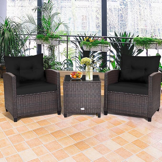 HAPPYGRILL 3 Pieces Patio Conversation Set, Outdoor Furniture Set PE Rattan Sofa Set with Removable Cushions, PE Wicker Chairs with Tempered Glass Side Table for Porch Lawn Garden Balcony Backyard