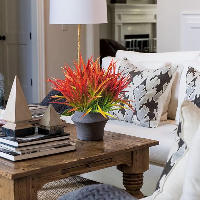 Outdoor Artificial Plants 8 Bundles Fake Plants Grass UV Resistant Fake Flowers Bush Greenery,17Inch Tall Faux Grass Shrubs for Home Porch Pathway Garden Décor Outside Indoor (red)