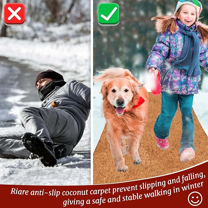 Riare 1 Pack 16 × 80 Inch No-Slip Ice and Snow Carpet Mats- Natural Coconut Fiber Carpet Anti-Slip Coir Mat for Winter Walkways Front Door Stairs Porch Outdoor Garden Patio Safe &Stable Walking